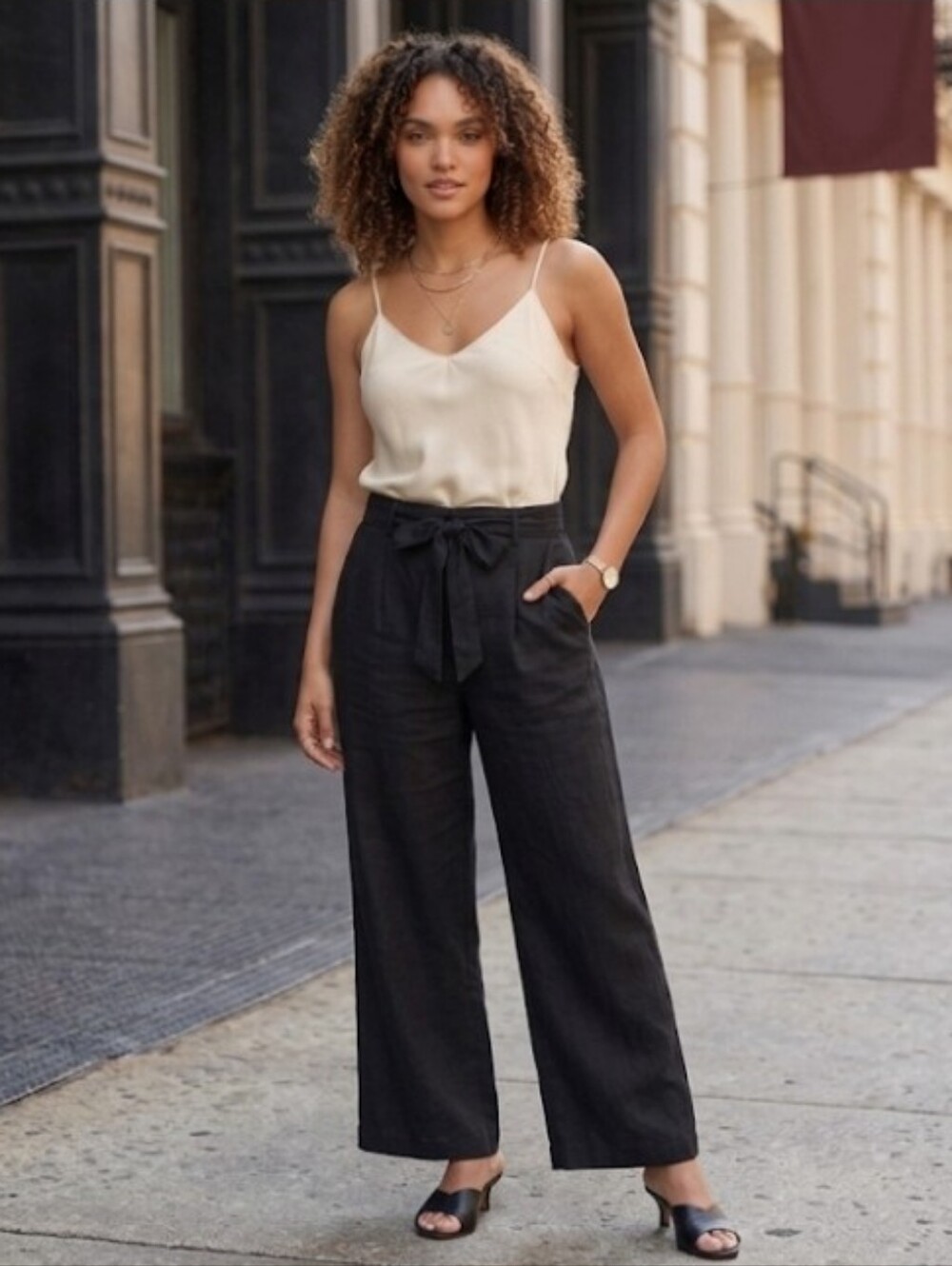 SOHO APPAREL Black High Waisted Tie Belt Trousers Pants. Size Large